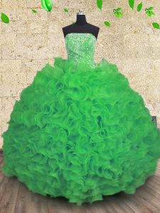 El organza sin mangas verde atractivo ata para arriba el vestido del quinceanera para la bola militar y el dulce 16 y el quinceanera