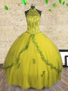 Los vestidos de bola amarillos superiores calientes del halter que rebordean vestidos de quinceanera atan para arriba la longitud sin mangas del piso de Tulle