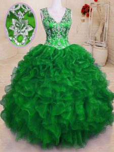 Romántica piso longitud vestidos de fiesta verde sin mangas 15 cumpleaños vestido cremallera