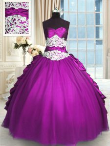 Tafetán púrpura de berenjena y tul hasta encaje dulce dulce 16 vestido de longitud sin mangas de piso rebordear y encajes y arrugado y recoger