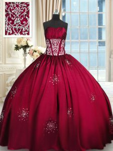 El rojo popular del vino ata para arriba el vestido dulce 16 que rebordea y los appliques y arrugar la longitud sin mangas del piso