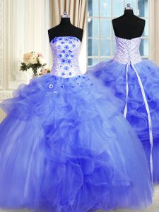 Piso de longitud azul dulce 16 vestido de quinceanera tul sin mangas pick ups y flores hechas a mano