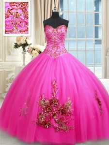 Longitud sin mangas del piso de Tulle ata para arriba los vestidos de quinceañera en color de rosa caliente con rebordear y appliques y bordar