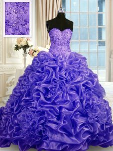 Recolecta los vestidos de bola del tren del barrido el dulce 16 viste el organza púrpura del amor sin mangas ata para arriba