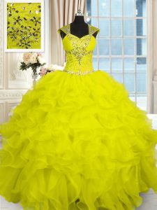 Vestidos de baile de lujo 15 quinceanera vestido amarillo correas organza tapa mangas longitud del piso encaje hasta