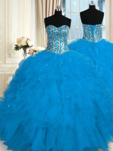 El cordón sin mangas del organza modificado para requisitos particulares ata para arriba el rebordear y el vestido del baile de fin de curso del vestido de bola de las colmenas en azul