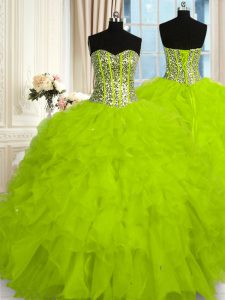 Atractivo organza verde amarillo ata hasta los vestidos de bola de membrillo longitud sin mangas de piso perlas y volantes
