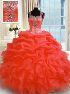 Vestidos de bola rojos maravillosos que rebordean y ruffles los vestidos de quinceanera cremallera de la longitud sin mangas del piso del organza