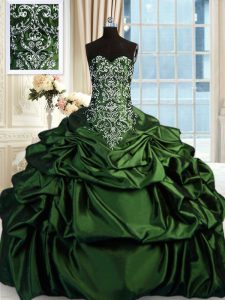 Verde oscuro tafetán cremallera sin mangas piso longitud quinceanera vestidos rebordear y bordado y recoger