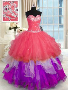 La vendimia multicolora ata para arriba el vestido del quinceanera que rebordea y appliques longitud sin mangas del piso