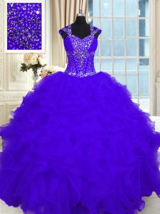Organza púrpura ata para arriba las correas cubren las mangas longitud del piso vestido del quinceanera que rebordea y ruffles