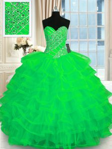 Organza verde ata hasta dulce 16 vestidos de longitud sin mangas piso rebordeado y capas de rizado