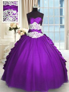 El amor púrpura ata para arriba el rebordear y el cordón y arrugar y recoger vestidos de quinceañera sin mangas