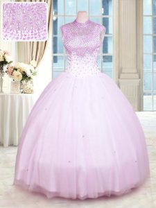 Vestidos de baile dramáticos 15 º cumpleaños vestido lila de cuello alto de tul sin mangas de la longitud del piso cremallera