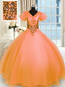 Naranja vestidos de organza v-cuello mangas cortas apliques longitud del piso hasta el vestido de baile vestido de baile