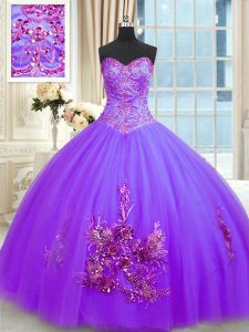 Púrpura ata para arriba vestido del cumpleaños 15 que rebordea y appliques y longitud sin mangas del piso del bordado