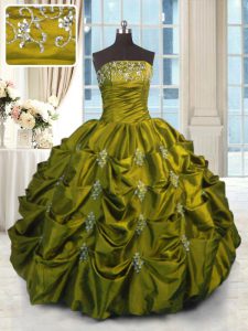 Verde ata para arriba vestido del quinceanera que rebordea y appliques y bordado y recolecta longitud sin mangas del piso