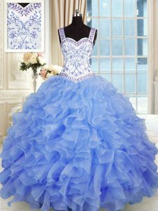 Azul ata para arriba dulce 16 vestidos que rebordean y appliques y ruffles longitud sin mangas del piso