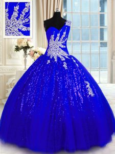 Sofisticado un hombro azul royal vestido de baile appliques vestido de quinceañera encaje hasta tul y lentejuelas longitud del piso sin mangas