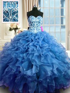 Azul de lujo ata para arriba dulce 16 vestidos que rebordean y ruffles longitud sin mangas del piso