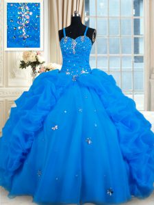 Organza azul ata hasta dulce 16 vestidos de longitud sin mangas piso rebordear y recoger
