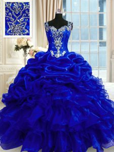 Glamorous azul real azul vestido de bola rebordear y volantes y pick ups vestido de quinceanera cordón hasta organza longitud sin mangas piso