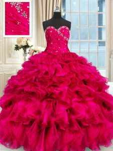 Vestidos de fiesta coloridos vestido de cumpleaños 15 de longitud de piso de organza sin mangas de organza de color rosa caliente cordón hasta