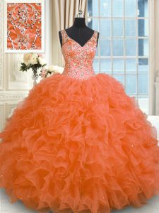 Único naranja rojo bola gowns v-cuello sin mangas de organza piso longitud cremallera rebordear y volantes vestidos de quince-ball