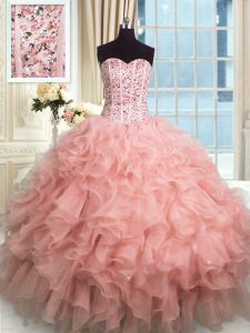 Atractivo rosa rosa encaje hasta el vestido de 15 º cumpleaños rebordeando y volantes longitud del piso sin mangas