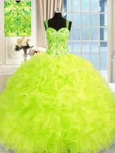 Flare amarillo verde bola vestidos de organza correas sin mangas rebordear y bordados y colmenas piso de longitud hasta el cordón dulce 16 vestidos