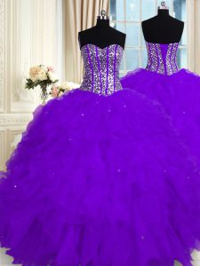 Los vestidos de baile quinceanera los vestidos berenjena púrpura sweetheart organza longitud sin mangas del piso atan para arriba