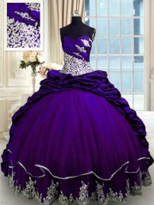 Los vestidos de bola púrpuras sin mangas del tren del cepillo del tafetán del amor atan para arriba el rebordear y los appliques y toman el vestido de quinceanera de las selecciones