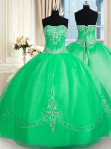 Vestidos de baile gloriosos vestidos de quinceañera verde sin tirantes de tul sin mangas de longitud del piso de encaje hasta