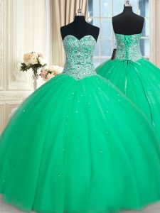 La longitud sin mangas del piso de Tulle del amor de los vestidos de bola verdes atan para arriba el rebordear y el vestido dulce 16 de los cequis