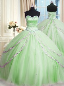 El verde de manzana ideal ata para arriba el vestido del baile de fin de curso del vestido de bola que rebordea y appliques sin mangas con el tren de la corte del tren