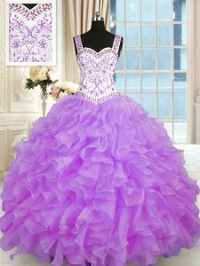 Diseñador de organza novia sin mangas encaje hasta rebordear y apliques y volantes vestido de bola de membrillo en lila
