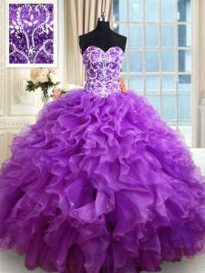 En la púrpura de la venta atan para arriba 15 vestido del quinceanera que rebordea y ruffles longitud sin mangas del piso