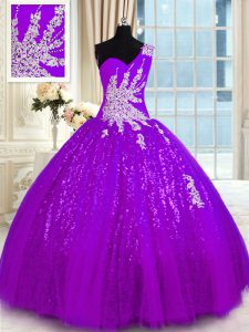 De moda una longitud del piso del hombro atan para arriba los vestidos de quinceanera púrpuras para la bola militar y dulce 16 y quinceanera con los appliques