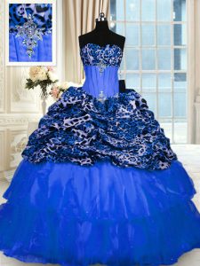 Azul impreso ata los vestidos del quinceanera que rebordean y lentejuelas longitud sin mangas del piso