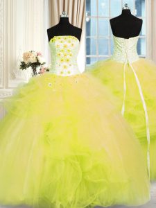 Glamorous strapless sin mangas de membrillo de los vestidos de bola longitud del piso perlas y volantes tul de color verde amarillo
