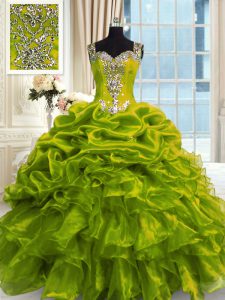 Longitud del piso verde oliva 15 vestido de quinceanera organza sin mangas beading