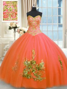 Gloriosos vestidos de bola de color rojo anaranjado que rebordean y los appliques y los vestidos del quinceanera del bordado atan para arriba la longitud sin mangas del piso de Tulle