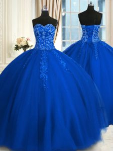 Espectacular apliques sin mangas azules de la longitud del piso y el bordado ata para arriba vestidos de quinceanera