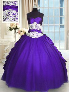 Fabulous púrpura sin mangas rebordear y encajes y apliques y arrugar y recoger la longitud del piso 15 vestido quinceanera