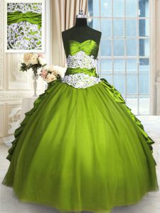 Sofisticado tafetán verde oliva y Tulle hasta el vestido de baile vestido de baile sin mangas de longitud del piso perlas y encajes y apliques y ruching