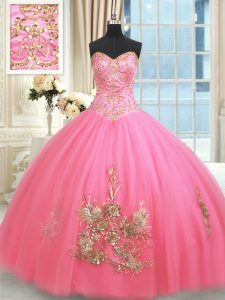 Los vestidos de bola longitud del piso sin mangas color de rosa rosado vestido del quinceanera atan para arriba