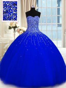 Exquisita longitud de piso de tul sin mangas hasta encaje dulce 16 vestidos de azul real con rebordear