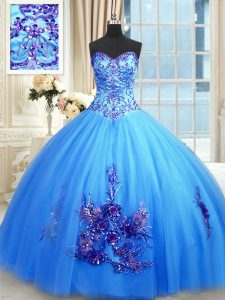 Azul suntuoso atan para arriba los vestidos de la quinceañera que rebordean y los appliques y la longitud sin mangas del piso del bordado
