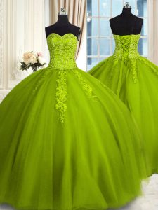 El verde verde oliva de moda atan para arriba el bordado del amor vestidos de quinceanera Tulle sin mangas