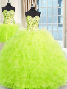 Los vestidos de bola baratos de tres pedazos que rebordean y rizan el vestido dulce 16 atan para arriba la longitud sin mangas del piso de Tulle